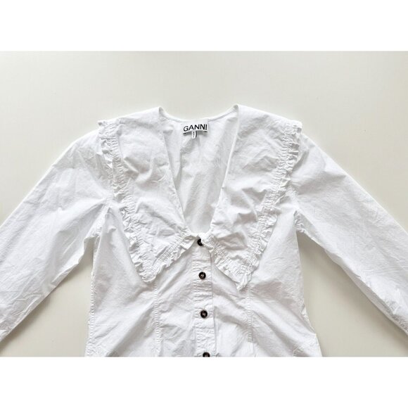 GANNI White Cotton Poplin V-Neck Frill Collar Button Up Shirt Blouse, Size 32/0 - Picture 8 of 16